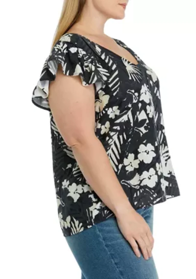 Plus Flutter Sleeve Printed Top