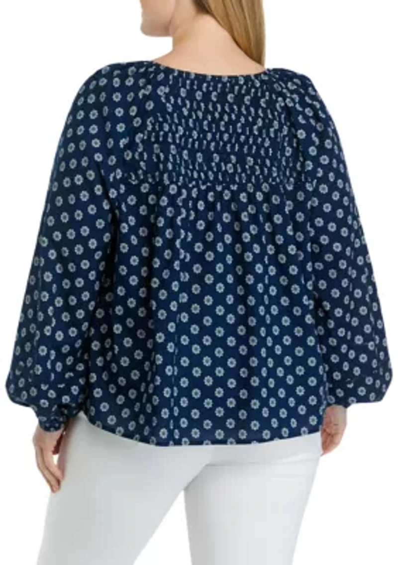 Plus Pintuck Printed Blouse