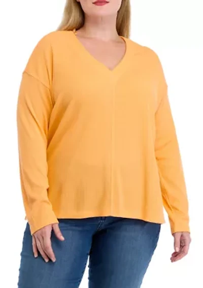 Plus Long Sleeve V-Neck Seam Front Top