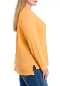 Plus Long Sleeve V-Neck Seam Front Top