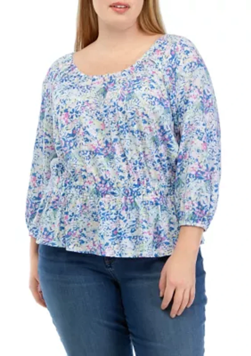 Plus 3/4 Sleeve Smocked Peasant Printed Top