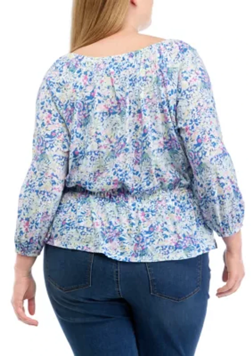 Plus 3/4 Sleeve Smocked Peasant Printed Top