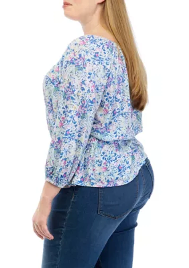 Plus 3/4 Sleeve Smocked Peasant Printed Top