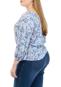 Plus 3/4 Sleeve Smocked Peasant Printed Top