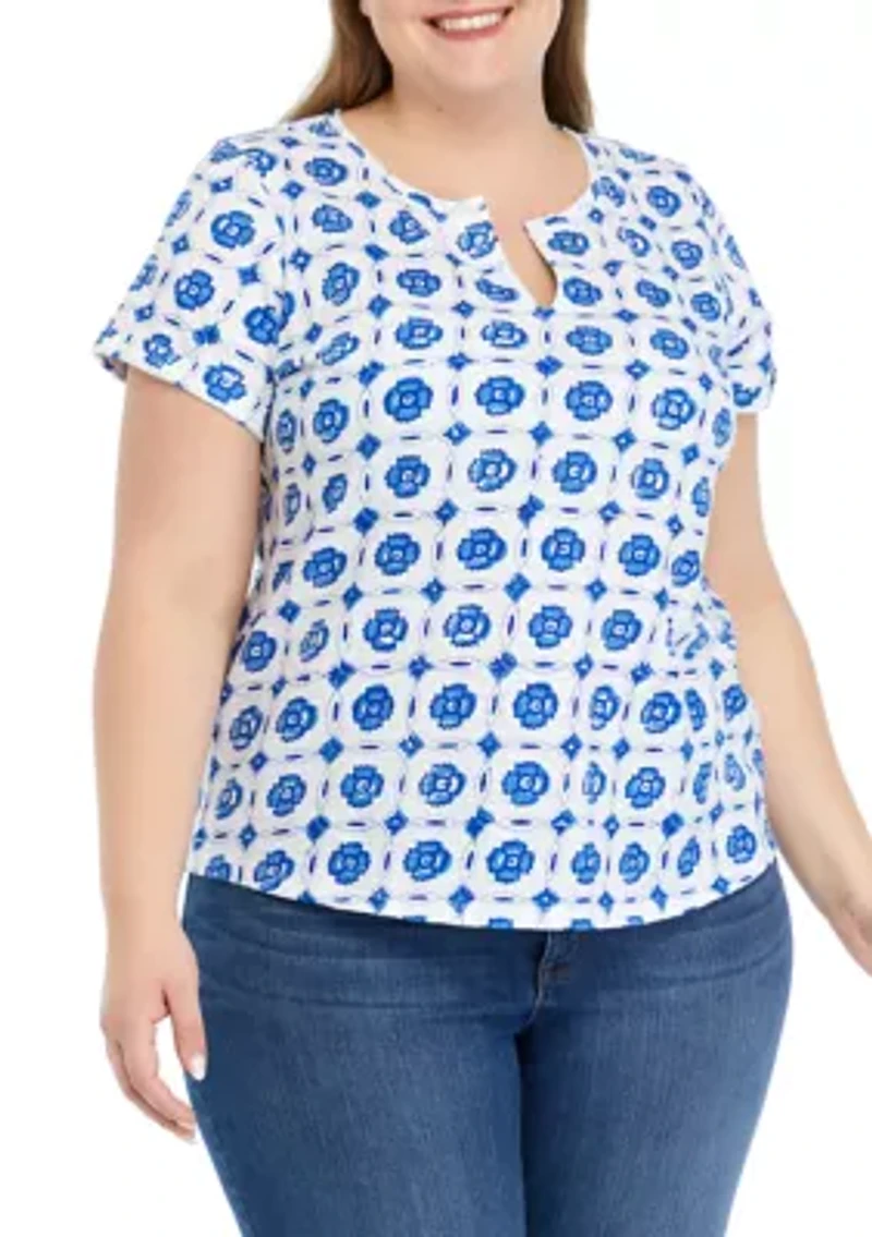 Plus Printed Split Neck T-Shirt