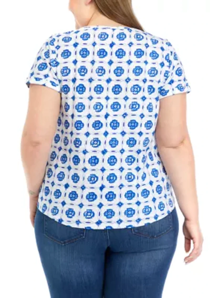Plus Printed Split Neck T-Shirt