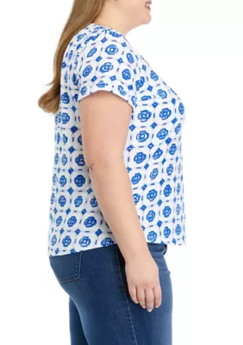 Plus Printed Split Neck T-Shirt