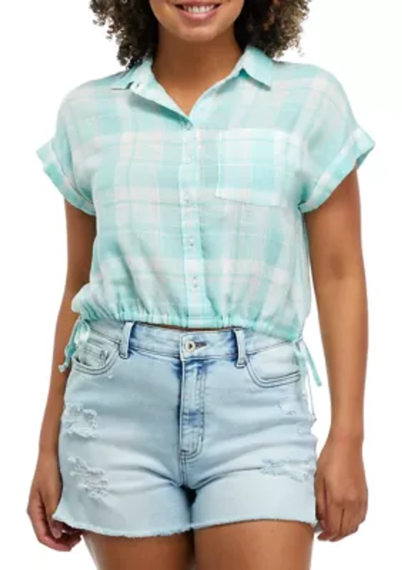 Side Tie Plaid Camp Shirt