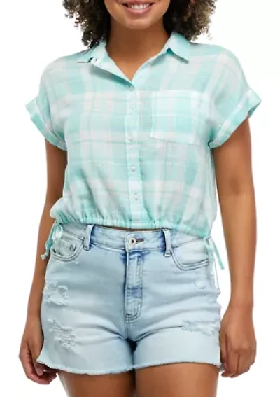 Side Tie Plaid Camp Shirt