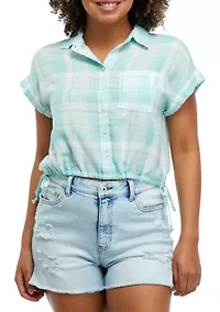 Side Tie Plaid Camp Shirt