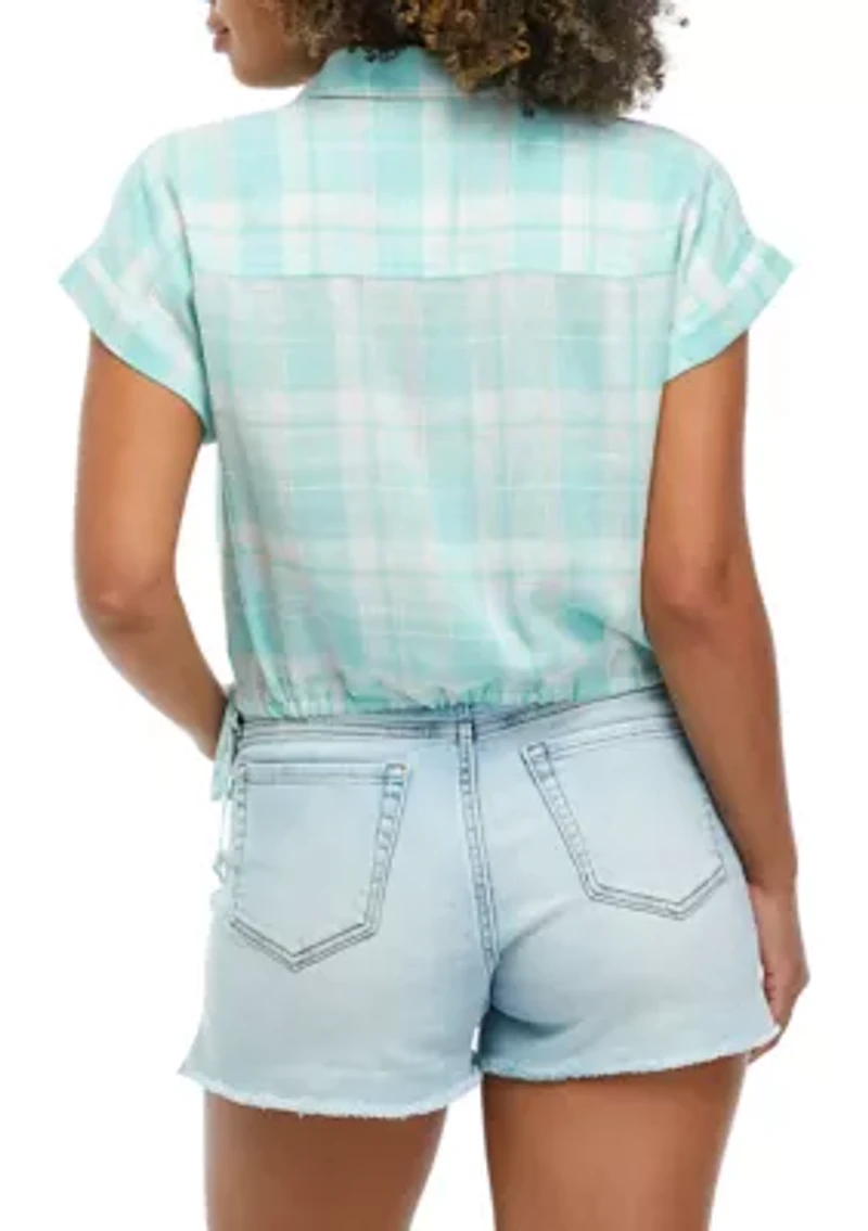 Side Tie Plaid Camp Shirt