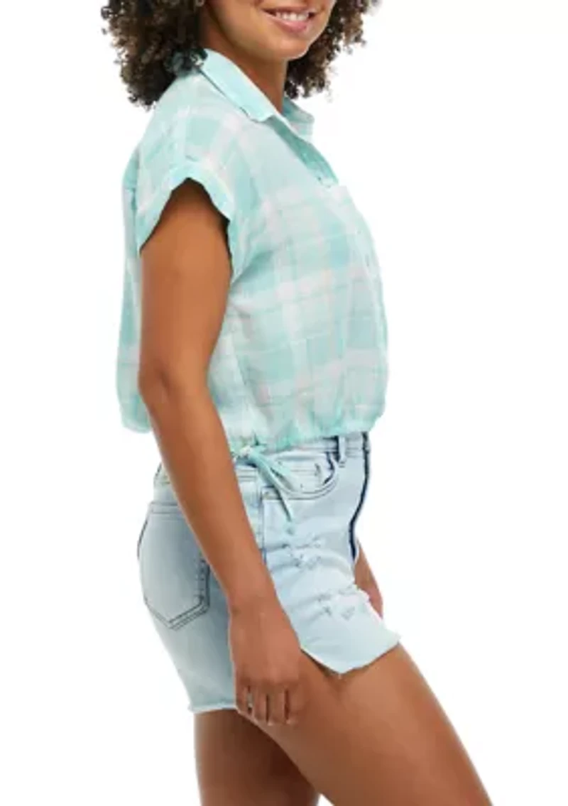 Side Tie Plaid Camp Shirt