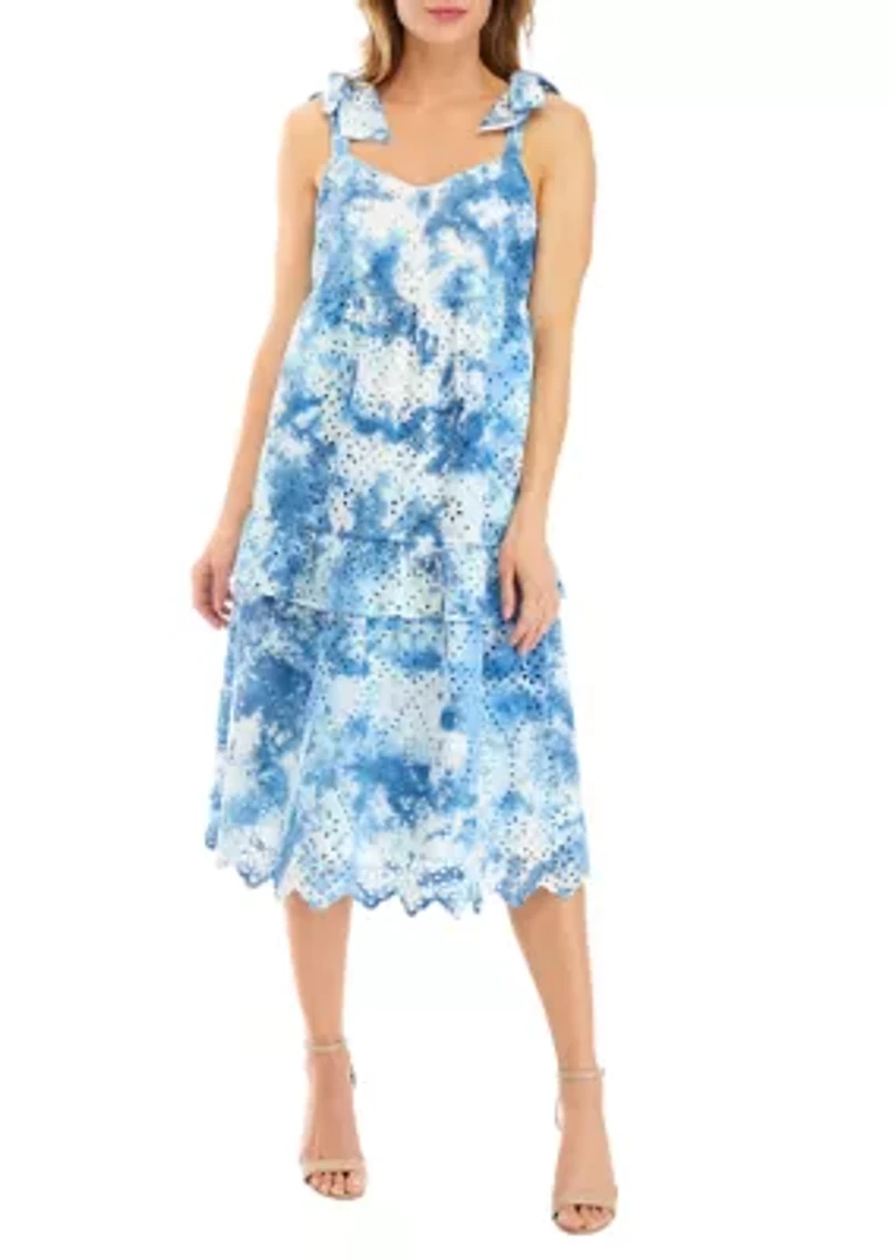 Women's Bow Strap Tie Dye Eyelet Midi Dress