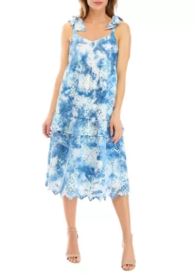 Women's Bow Strap Tie Dye Eyelet Midi Dress