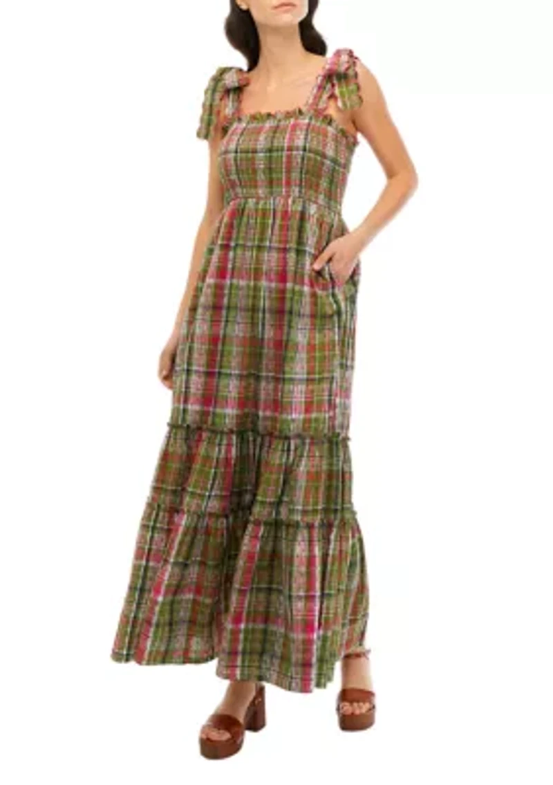 Women's Smocked Bodice Plaid Maxi Dress