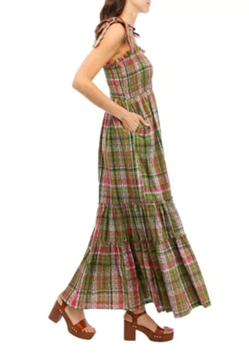 Women's Smocked Bodice Plaid Maxi Dress