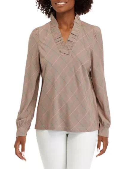 Women's Long Sleeve Ruffle Neck Plaid Top