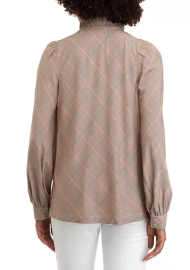Women's Long Sleeve Ruffle Neck Plaid Top