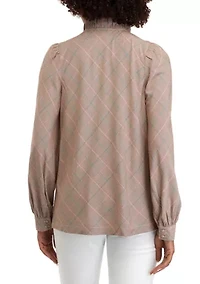 Women's Long Sleeve Ruffle Neck Plaid Top