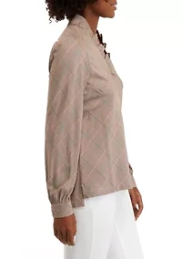 Women's Long Sleeve Ruffle Neck Plaid Top