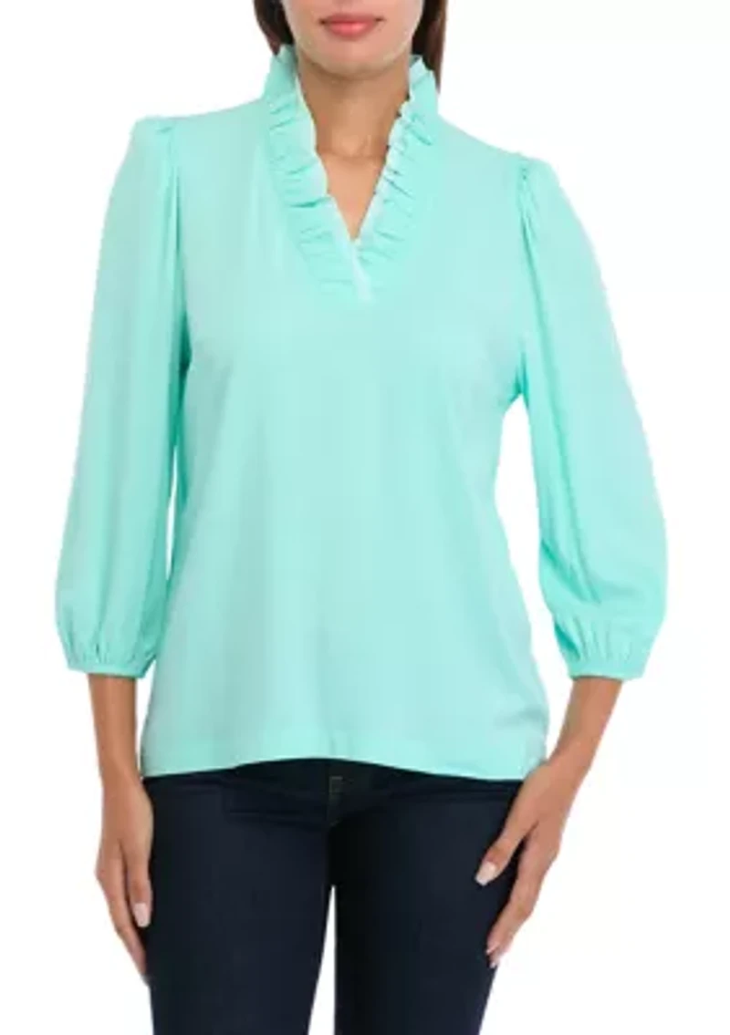 Women's Blouson Sleeve Ruffle Neck Top