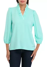 Women's Blouson Sleeve Ruffle Neck Top
