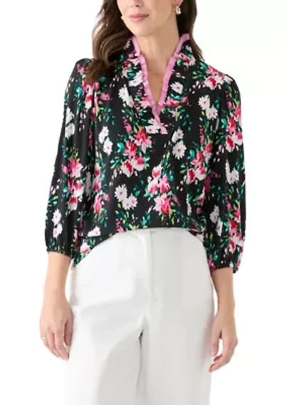 Women's 3/4 Sleeve Double Ruffle Neck Printed Top