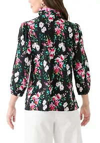 Women's 3/4 Sleeve Double Ruffle Neck Printed Top
