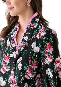 Women's 3/4 Sleeve Double Ruffle Neck Printed Top