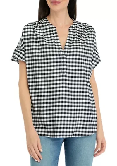 Women's Dolman Split Neck Yarn Dyed Checkered Top