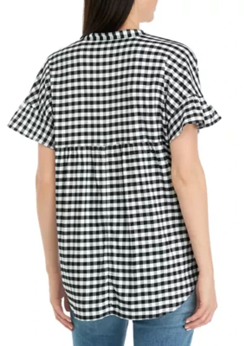 Women's Dolman Split Neck Yarn Dyed Checkered Top