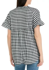 Women's Dolman Split Neck Yarn Dyed Checkered Top