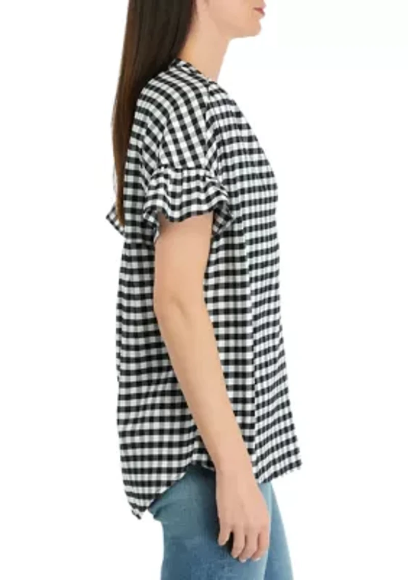 Women's Dolman Split Neck Yarn Dyed Checkered Top