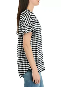 Women's Dolman Split Neck Yarn Dyed Checkered Top