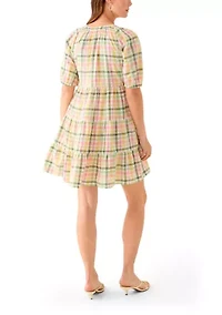 Women's Multi Plaid Printed Peasant Dress
