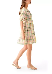 Women's Multi Plaid Printed Peasant Dress