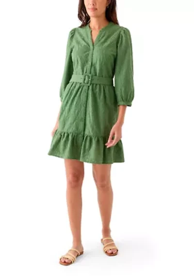 Women's 3/4 Sleeve Belted Embroidered Dress