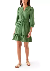 Women's 3/4 Sleeve Belted Embroidered Dress