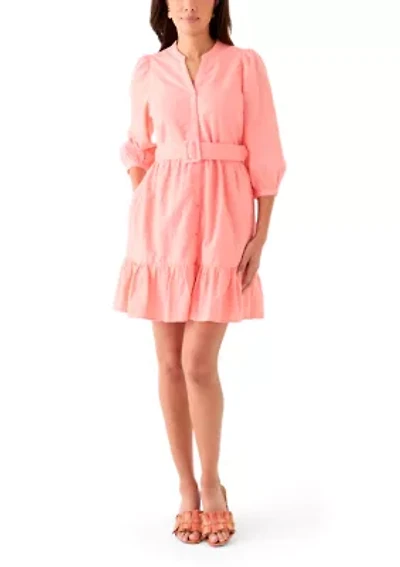 Women's 3/4 Sleeve Belted Embroidered Dress