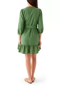 Women's 3/4 Sleeve Belted Embroidered Dress