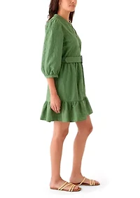 Women's 3/4 Sleeve Belted Embroidered Dress