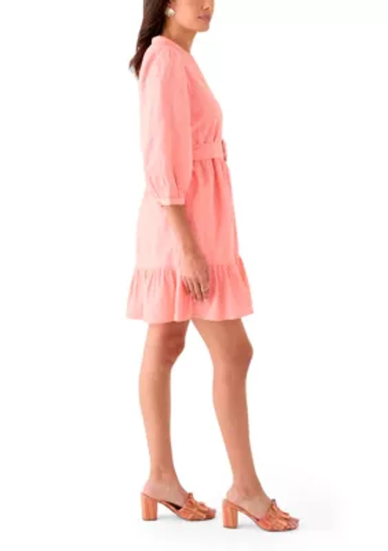 Women's 3/4 Sleeve Belted Embroidered Dress