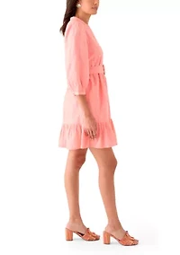 Women's 3/4 Sleeve Belted Embroidered Dress