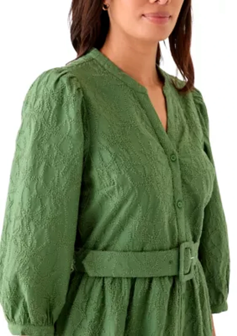 Women's 3/4 Sleeve Belted Embroidered Dress