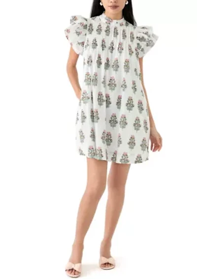 Women's Short Sleeve Printed Smocked Bib Dress