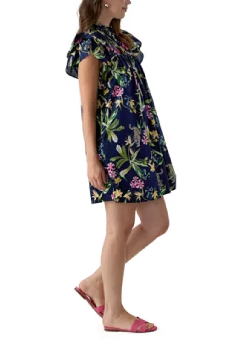 Women's Short Sleeve Printed Smocked Bib Dress