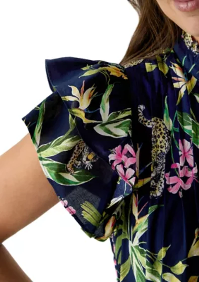 Women's Short Sleeve Printed Smocked Bib Dress