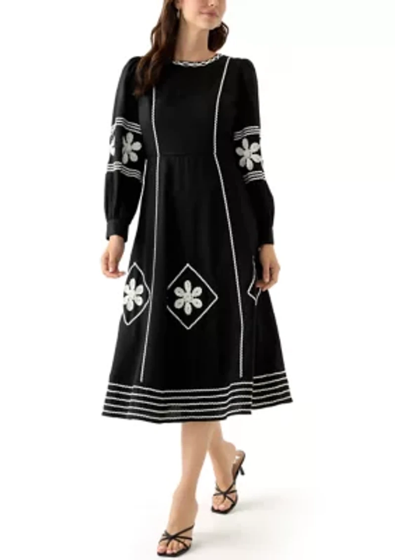 Women's Long Sleeve Embroidered Midi Dress