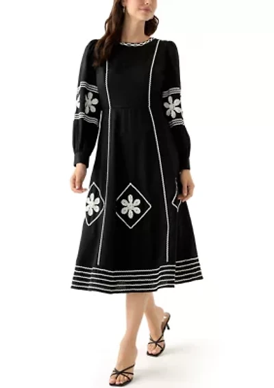 Women's Long Sleeve Embroidered Midi Dress