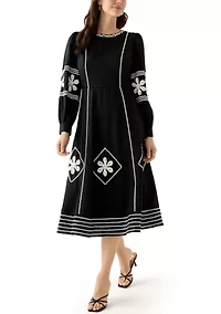 Women's Long Sleeve Embroidered Midi Dress
